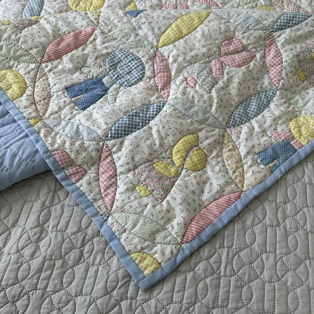 Vintage Sunbonnet Sue Sam Quilt Handmade Hand stitched Cotton Blue Pink Yellow